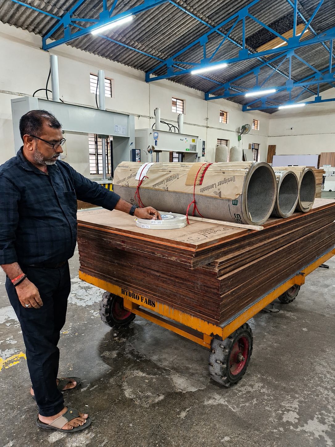 Shiv Kumar Sharma inspecting materials on site